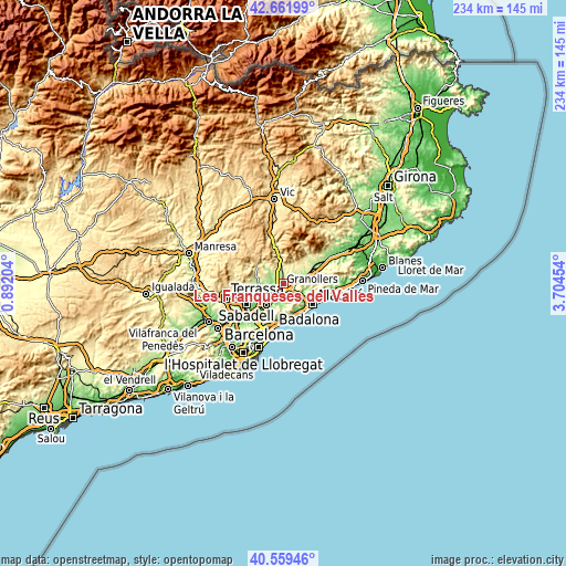 Topographic map of Les Franqueses del Vallès