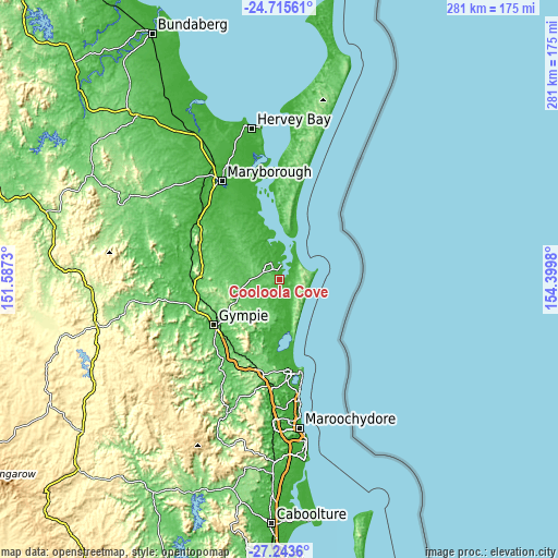 Topographic map of Cooloola Cove