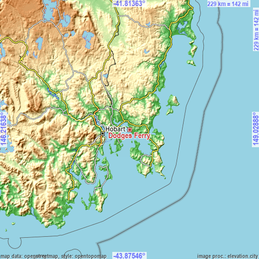 Topographic map of Dodges Ferry