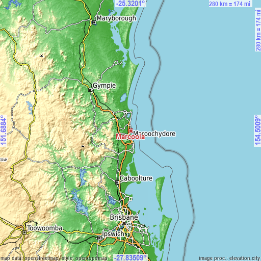 Topographic map of Marcoola
