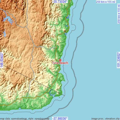 Topographic map of Tura Beach