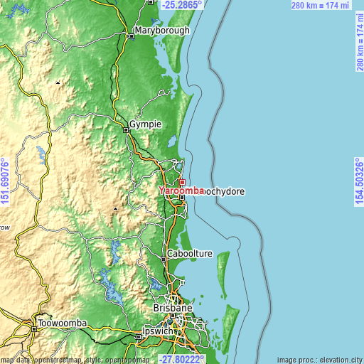 Topographic map of Yaroomba