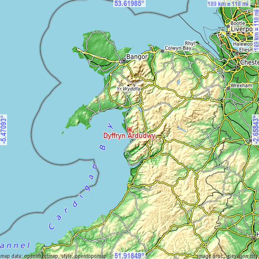 Topographic map of Dyffryn Ardudwy