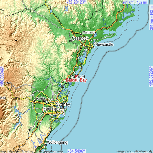 Topographic map of Bateau Bay