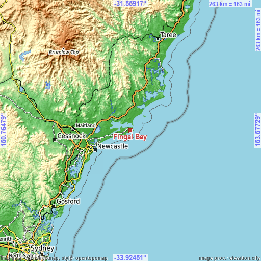 Topographic map of Fingal Bay