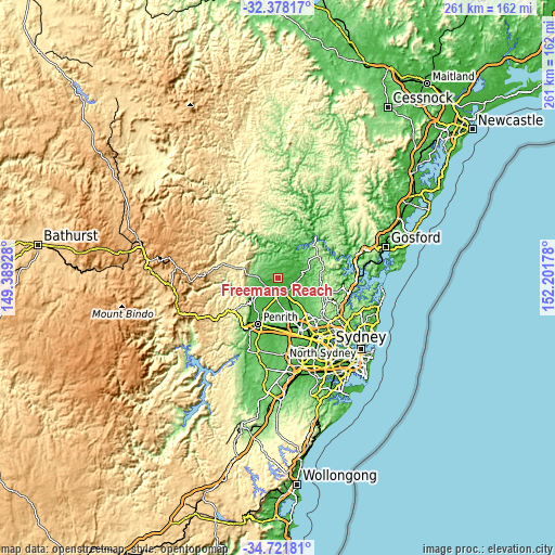 Topographic map of Freemans Reach