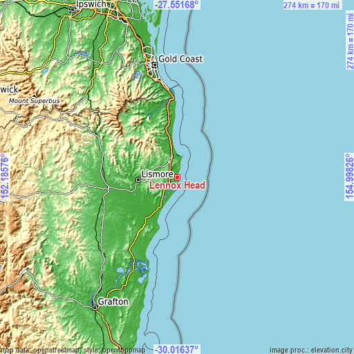 Topographic map of Lennox Head