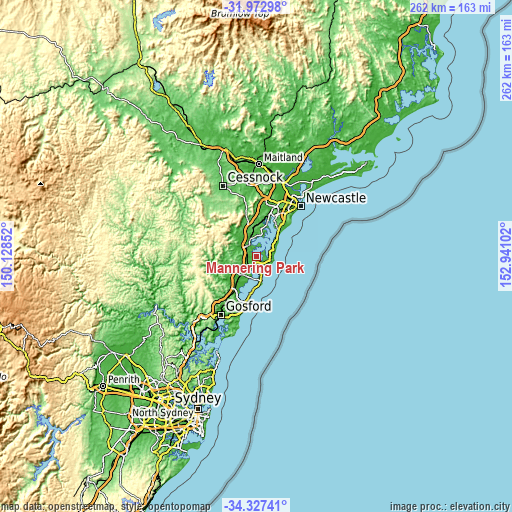 Topographic map of Mannering Park