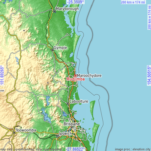 Topographic map of Mudjimba