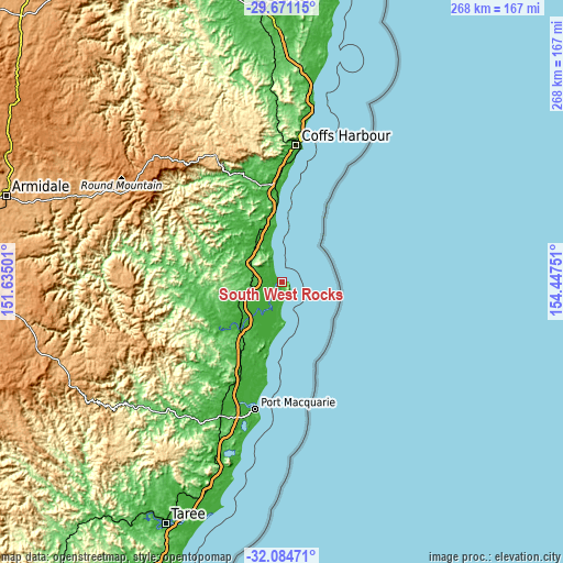 Topographic map of South West Rocks