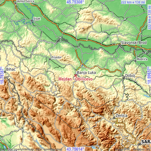 Topographic map of Mejdan - Obilićevo