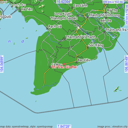 Topographic map of Thị Trấn Giá Rai