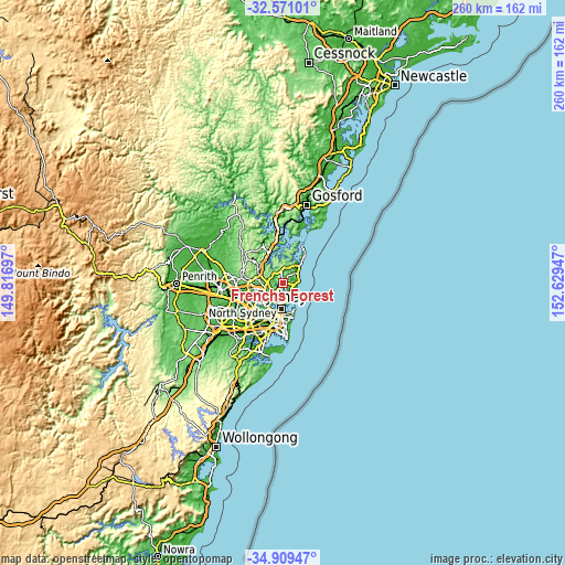 Topographic map of Frenchs Forest