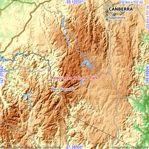 Topographic map of Kosciuszko National Park