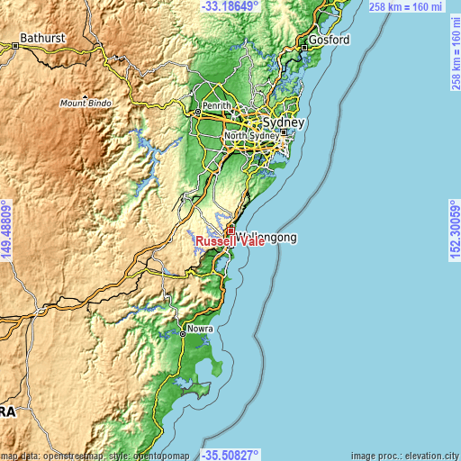 Topographic map of Russell Vale