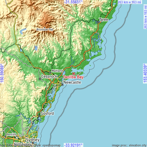 Topographic map of Tanilba Bay