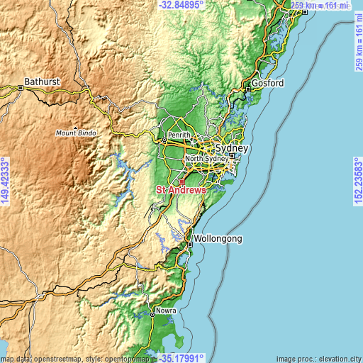 Topographic map of St Andrews