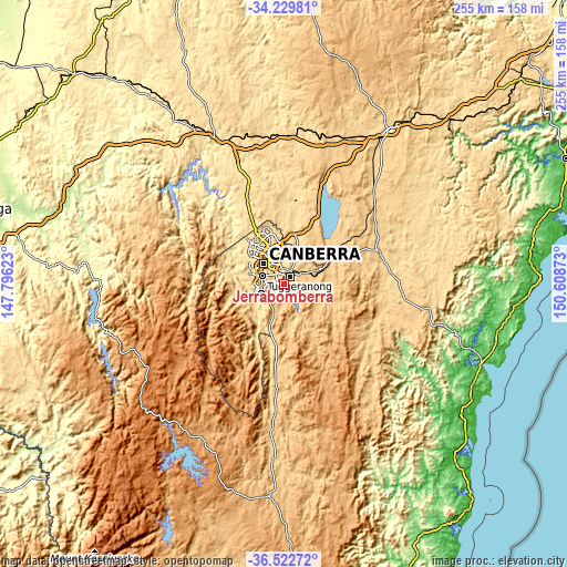 Topographic map of Jerrabomberra