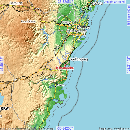 Topographic map of Kanahooka