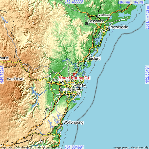 Topographic map of Mount Kuring-Gai