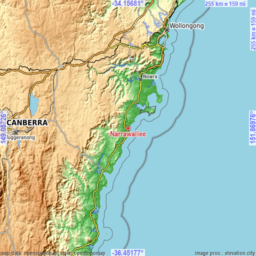 Topographic map of Narrawallee