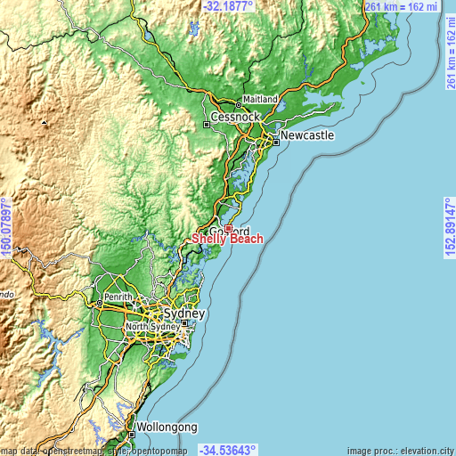 Topographic map of Shelly Beach