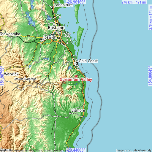 Topographic map of Currumbin Valley