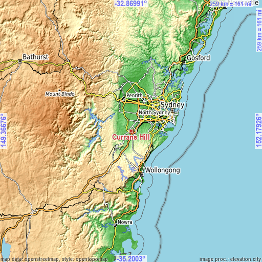 Topographic map of Currans Hill