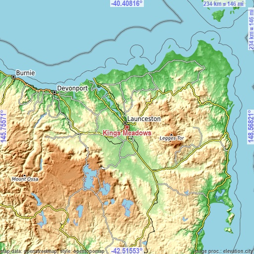 Topographic map of Kings Meadows