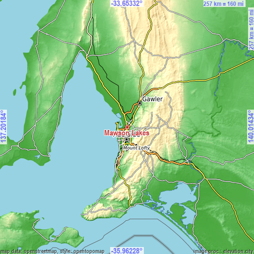 Topographic map of Mawson Lakes