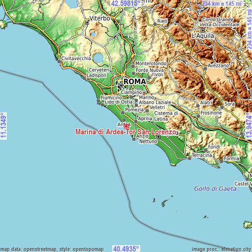 Topographic map of Marina di Ardea-Tor San Lorenzo