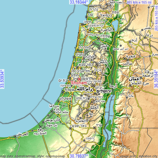 Topographic map of Shoham