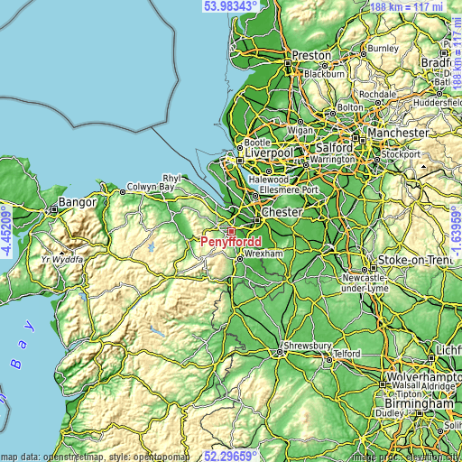 Topographic map of Penyffordd