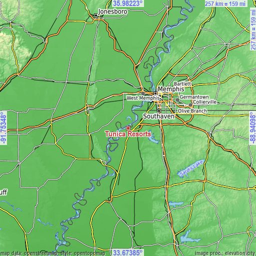 Topographic map of Tunica Resorts