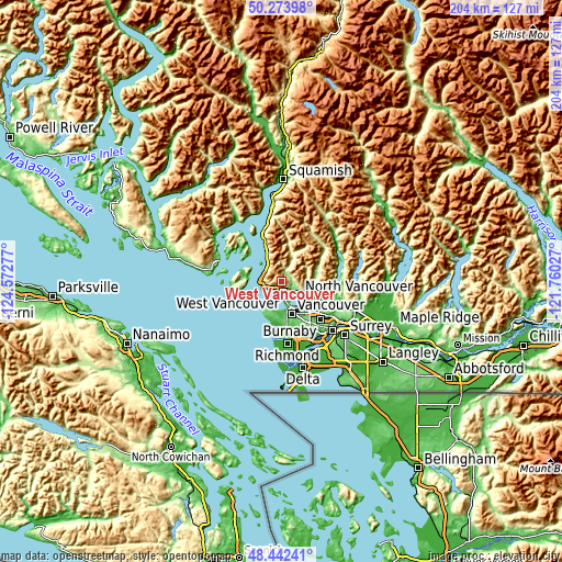 Topographic map of West Vancouver