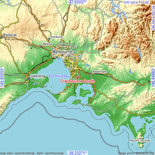Topographic map of Cranbourne South