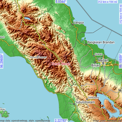 Topographic map of Tanah Merah