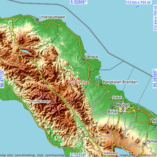 Topographic map of Pulau Tiga