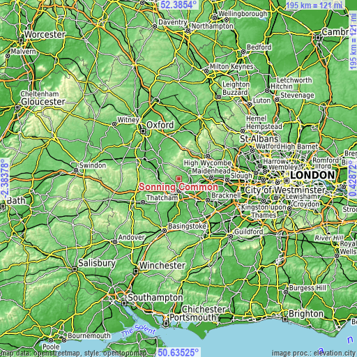 Topographic map of Sonning Common