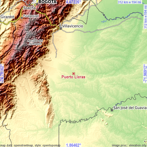 Topographic map of Puerto Lleras