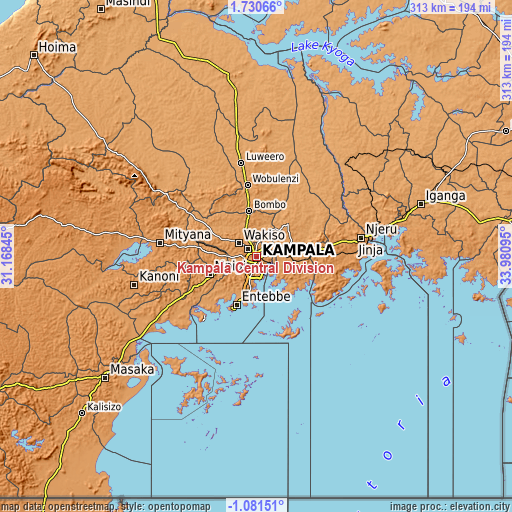 Topographic map of Kampala Central Division