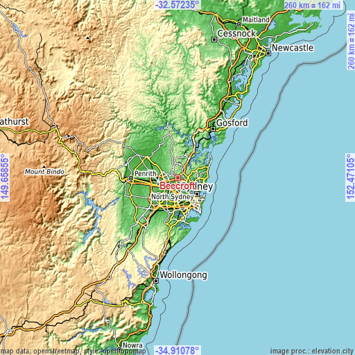 Topographic map of Beecroft
