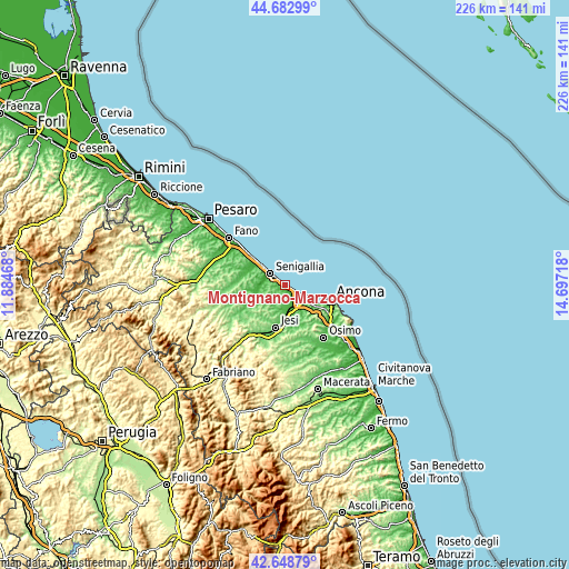 Topographic map of Montignano-Marzocca