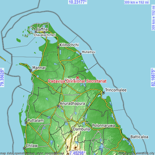 Topographic map of Padaviya Divisional Secretariat