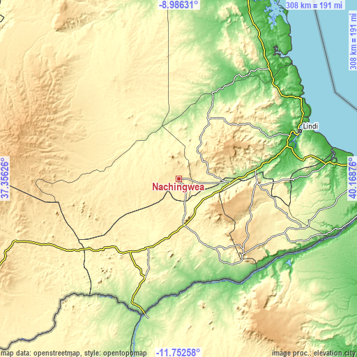 Topographic map of Nachingwea