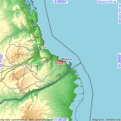 Topographic map of Mtwara