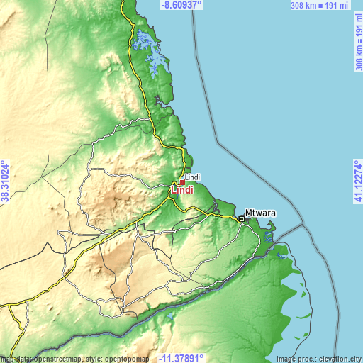 Topographic map of Lindi