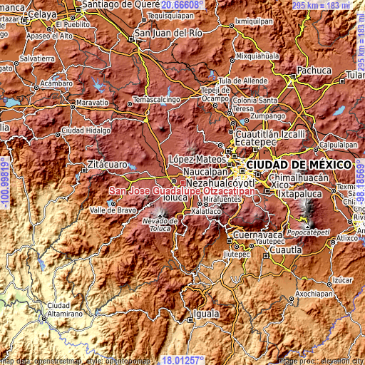 Topographic map of San José Guadalupe Otzacatipan