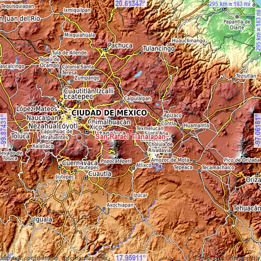 Topographic map of San Rafael Tlanalapan