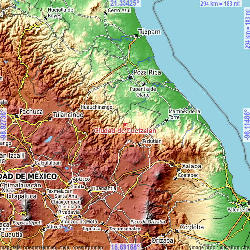 Topographic map of Ciudad de Cuetzalan